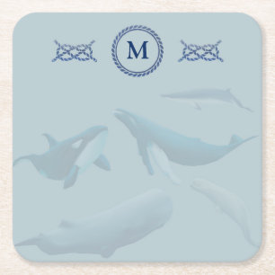 Blauwale mit Monogramm Rechteckiger Pappuntersetzer