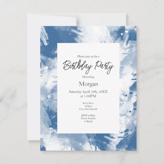 Blauweiß Abstrakt Moderne Pinselstriche Einladung (Vorderseite)