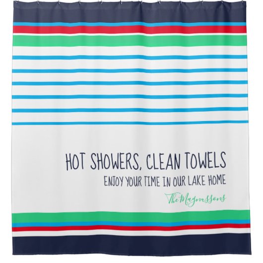 Blauweiß aquamarin rot gestreifte, moderne Küstenl Duschvorhang (Vorderseite)