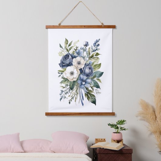 Blauweiße Aquarellfarben Blume Wohngestaltung Wandteppich Mit Holzrahmen (Schlafzimmer)