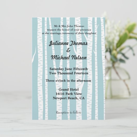 Blauweiße Birkenbaume Hochzeit Einladung (Stehend Vorderseite)