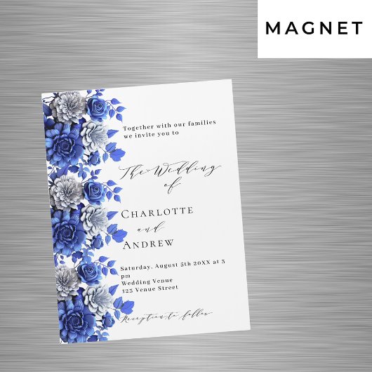 Blauweiße Blumen Drehbuch Luxus Hochzeit Magneteinladung