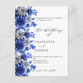 Blauweiße Blütenschrift Hochzeit Einladungspostkarte (Vorderseite)