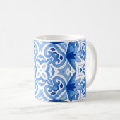 Blauweiße Fliese, Aquarellmuster. Kaffeetasse (VorderseiteRechts)