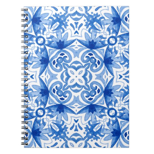 Blauweiße Fliese, Aquarellmuster. Notizblock (Vorderseite)