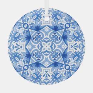 Blauweiße Fliese, Aquarellmuster. Ornament Aus Glas