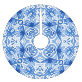 Blauweiße Fliese, Aquarellmuster. Polyester Weihnachtsbaumdecke (Vorderseite)