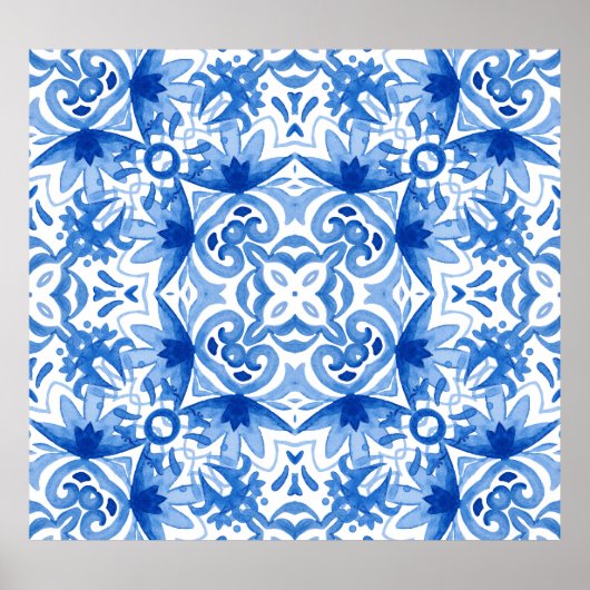 Blauweiße Fliese, Aquarellmuster. Poster (Vorne)