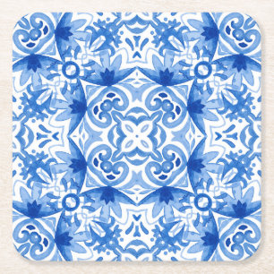 Blauweiße Fliese, Aquarellmuster. Rechteckiger Pappuntersetzer