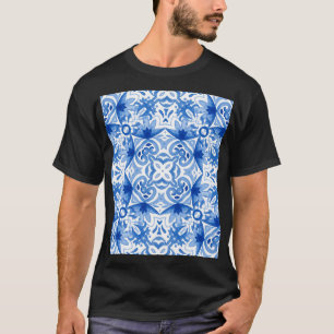 Blauweiße Fliese, Aquarellmuster. T-Shirt