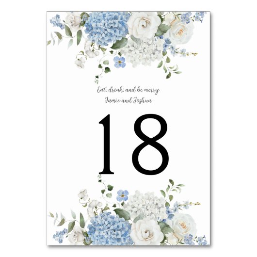 Blauweiße Hydrangeas, Rose Hochzeitsstimmung, Tisc Tischnummer (Vorderseite)