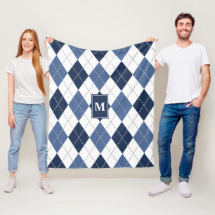 Blauweiße Raute kariert mit Monogramm Fleecedecke