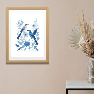 Blauweiße Vögel und blühende Blume Aquarell Poster