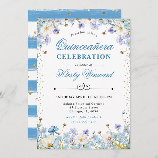 Blauweiße Wildblumen vergessen Me Nots Quinceanera Einladung (Vorne/Hinten)