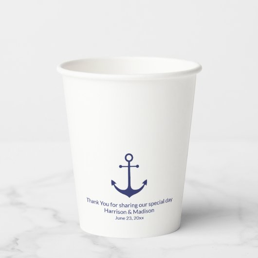 Blauweißer Ankermonogramm der Hochwasserschifffahr Pappbecher (Rückseite)