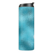 Blauweißer Markenname moderner minimalistischer Thermosbecher (Nach links gedreht)