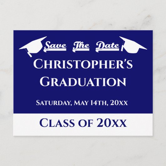 Blauweißer moderner klassischer Abschluss Save the Postkarte (Vorderseite)