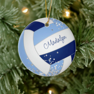 Blauweißer Volleyball winziger Silbersterne Akzent Keramik Ornament