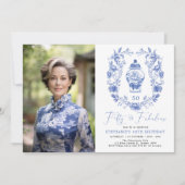 Blauweißes Blumenporzellan 50. Geburtstag Foto Einladung (Vorderseite)