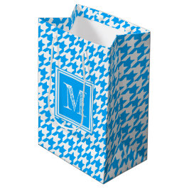 Blauweißes Hahnentrittmuster | Modernes Monogramm Mittlere Geschenktüte