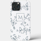 Blauweißes Monogramm-einfaches Vogelmuster Case-Mate iPhone Hülle (Rückseite)