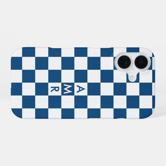 Blauweißes Prüfmuster mit Monogramm iPhone 16 Hülle (Rückseite (Horizontal))