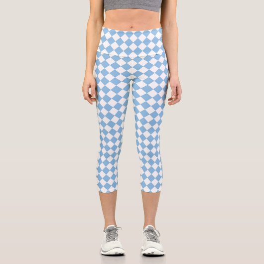 Blauweißes Schachbrett Diamantmuster Capri Leggings (Vorderseite)