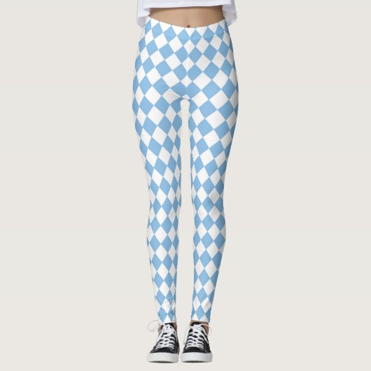 Blauweißes Schachbrett Diamantmuster Leggings (Vorderseite)