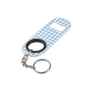 Blauweißes Schachbrett Diamantmuster Mini Flaschenöffner (Rückseite Schrägansicht)