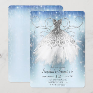 Blauweißes Silberdruckkleid Sweet 16 Party Einladung
