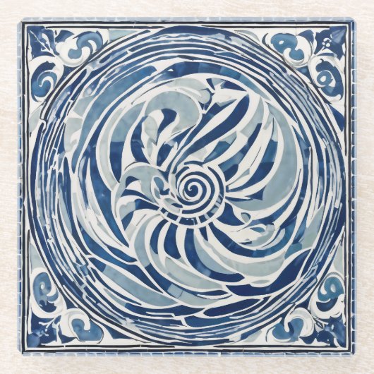 Blauweißes Swirl-Muster 02 Glasuntersetzer (Vorderseite)