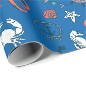 Blauweißes und orangefarbenes Muster Geschenkpapier (Rolleneckpunkt)