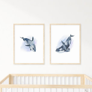 Blauweißes Wasserfarben-Orca-Schwertwal Poster