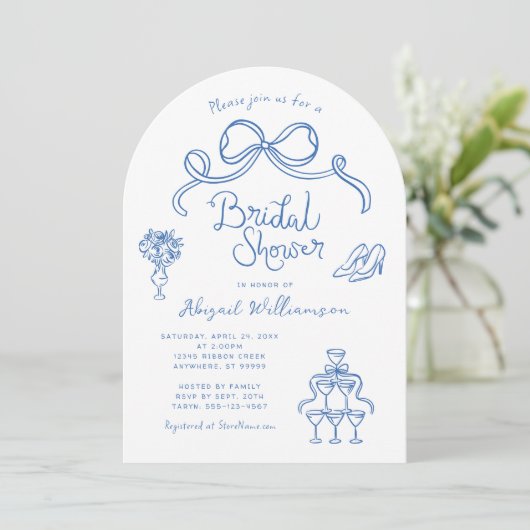 Blauweißes weißes, weißes Brautparty Einladung (Stehend Vorderseite)