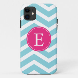 Blauweißes Zickzack-hellrosa Monogramm iPhone 11 Hülle