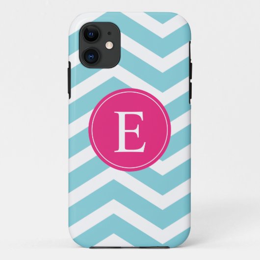 Blauweißes Zickzack-hellrosa Monogramm Case-Mate iPhone Hülle (Rückseite)