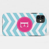 Blauweißes Zickzack-hellrosa Monogramm Case-Mate iPhone Hülle (Rückseite (Horizontal))
