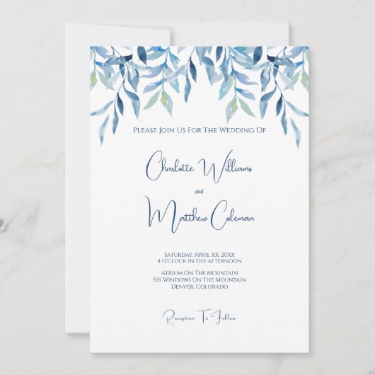 Blauwildzweige, Wasserfarbenhochzeit Einladung (Vorderseite)