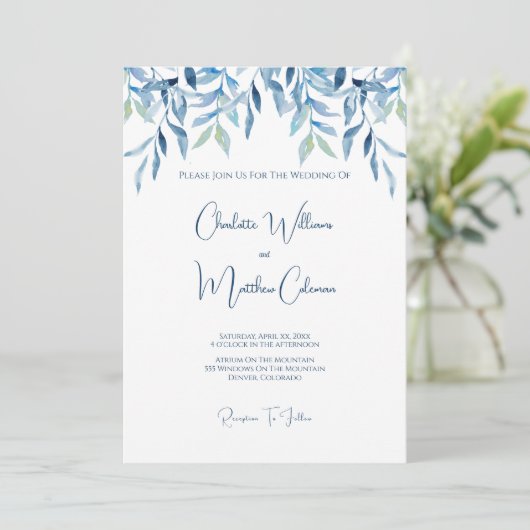 Blauwildzweige, Wasserfarbenhochzeit Einladung (Stehend Vorderseite)