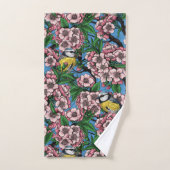 Blauzungenvögel im blühenden Kirschbaum auf blau Badhandtuch Set (Handtuch)