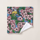 Blauzungenvögel im blühenden Kirschbaum auf blau Badhandtuch Set (Waschlappen)