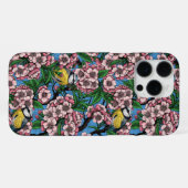 Blauzungenvögel im blühenden Kirschbaum auf blau iPhone Hülle (Rückseite (Horizontal))