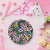 Blauzungenvögel im blühenden Kirschbaum auf blau Pappteller (Party)