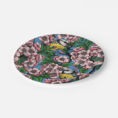 Blauzungenvögel im blühenden Kirschbaum auf blau Pappteller (Schrägansicht)