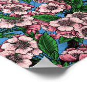 Blauzungenvögel im blühenden Kirschbaum auf blau Poster (Ecke)