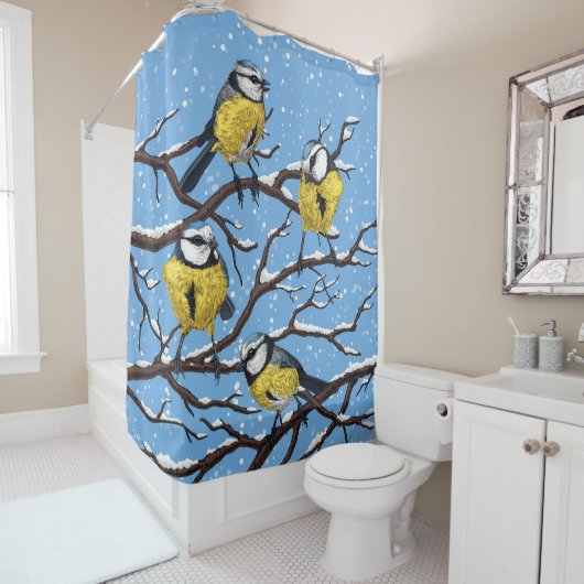 Blauzungenvögel im Winter Duschvorhang (Beispiel)