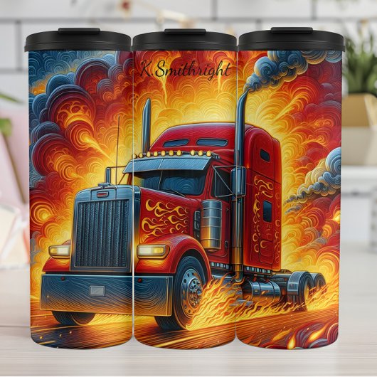 Blazing Red Semi Truck Flames Thermosbecher