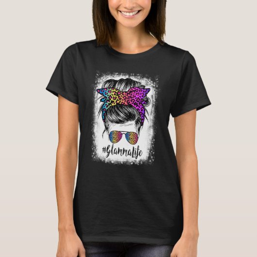 Bleached Glamma Life Rainbow Leopard Messy Bun T-Shirt (Vorderseite)