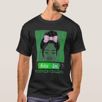 Bleached Nurse Life Messy Bun Leopard St Patricks T-Shirt
