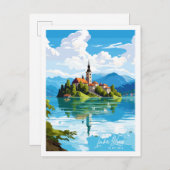 Bled Slovenien Vintage Illustration Postkarte (Vorne/Hinten)